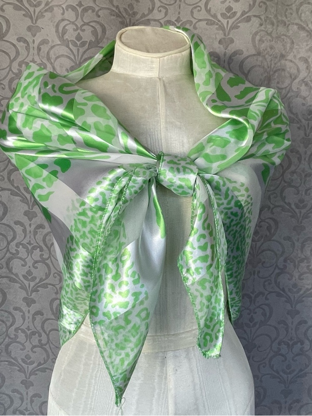 Vibrant Green & White Leopard Print Satin Square Scarf | Animal Print Wrap